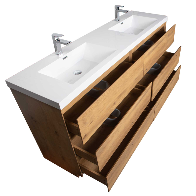 CBI Edison 72 Inch Double Sink Bathroom Vanity, Natural Oak