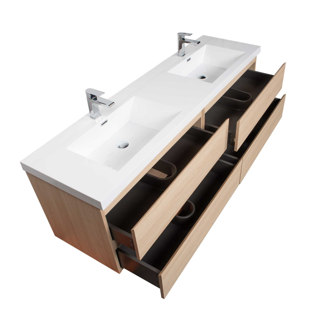 Angela 72" Contemporary Double Sink Wall Mounted Bathroom Vanity , White  Oak