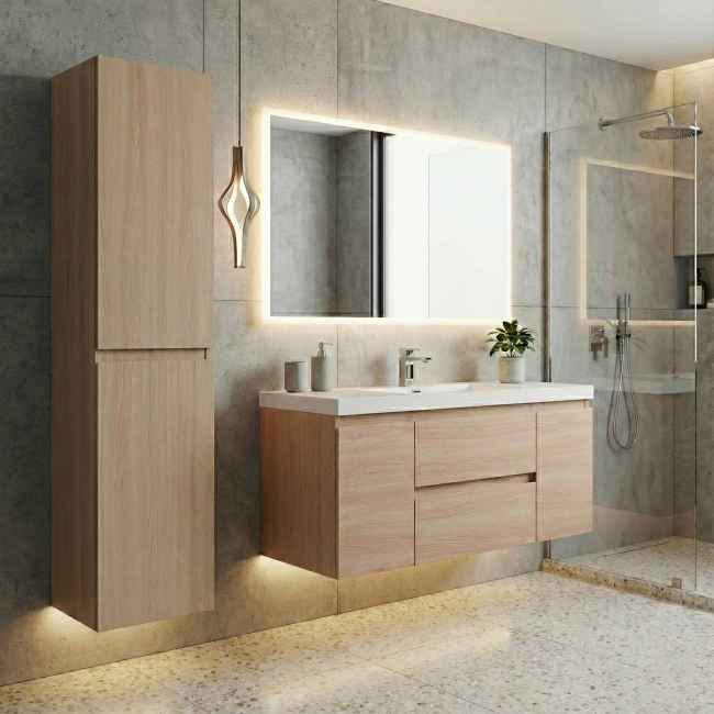 Modern White Oak linen cabinet with reversible soft-close doors