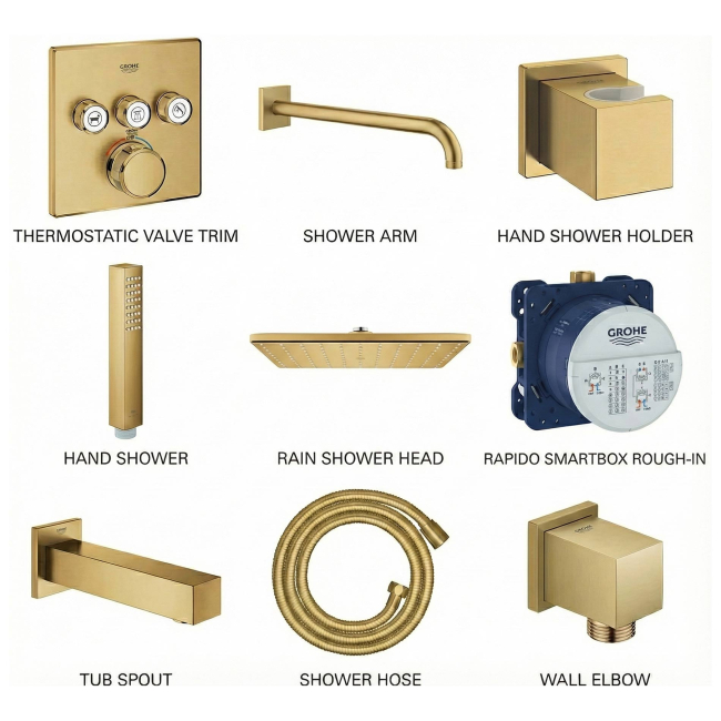 GROHE 29142GN0 GROHTHERM SMARTCONTROL TRIPLE FUNCTINO THERMOSTATIC VALVE TRIM WITH SHOWERHEAD , HANDSHOWER AND TUB SPOUT BRUSHED COLLD SUNRISE