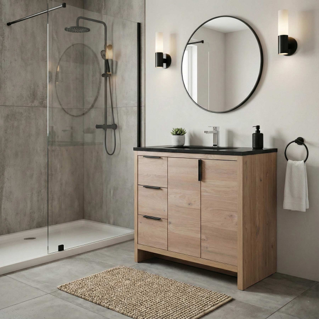 Evan 35.5" Modern Bathroom Vanity Red Oak, Black Top