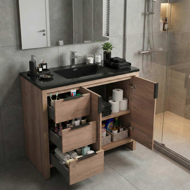 Evan 35.5" Modern Bathroom Vanity Red Oak, Black Top