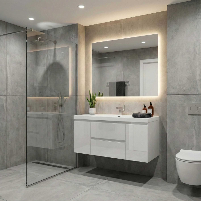 Side view of Angela 48 inch gloss white floating vanity with white sink