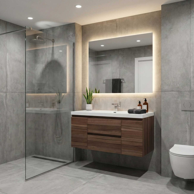 Modern handleless walnut bathroom vanity 48 inch wall mount