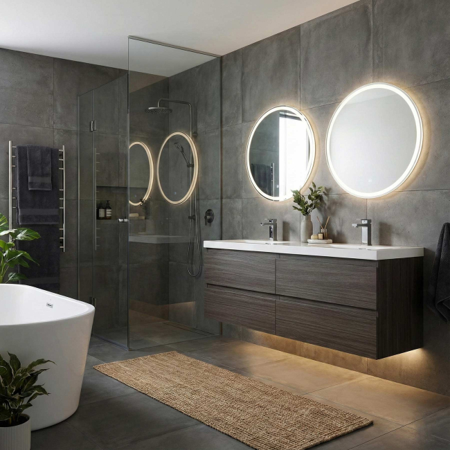 Angela 48" Contemporary Double Wall Mounted Bathroom Vanity, Char Oak