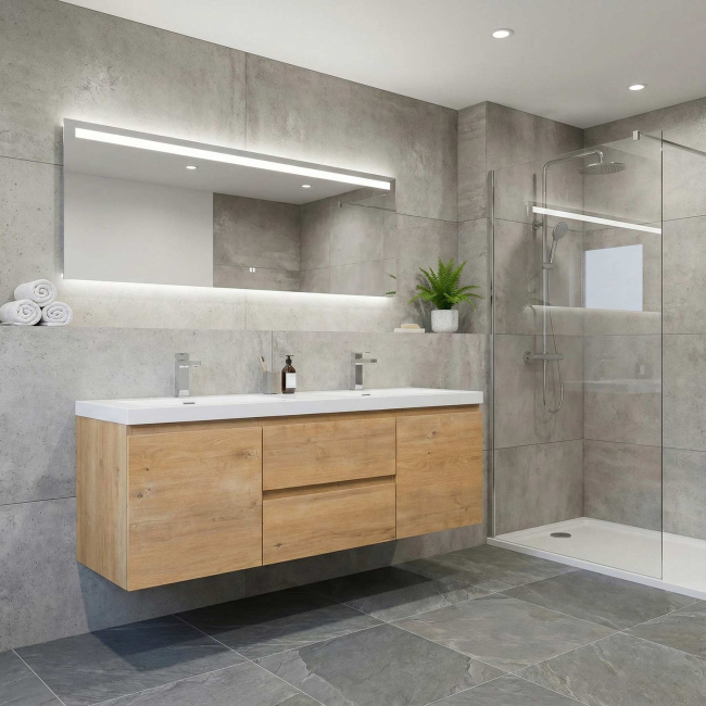 Angela 60" Wall Mounted Double Sink Vanity, Natural Oak TN-AG1500-1D-NOAngela 60" Wall Mounted Double Sink Vanity, Natural Oak TN-AG1500-1D-NO