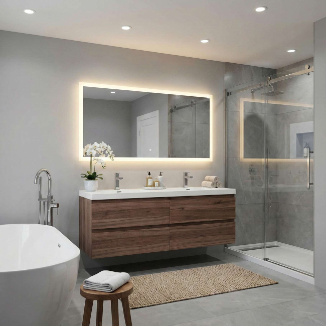 Angela 60 inch  Contemporary Double Wall Mounted Bathroom Vanity, Walnut