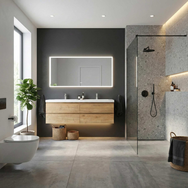 Angela 48 inch Contemporary Double Wall Mounted Bathroom Vanity, Natural OakAngela 48" Contemporary Double Wall Mounted Bathroom Vanity, Natural Oak