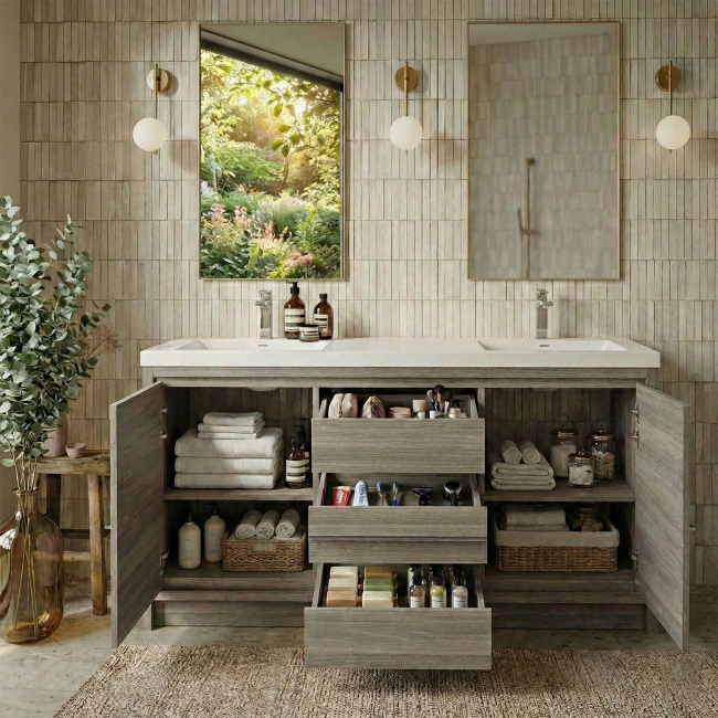 CBI Enna 59 Inch Double Bathroom Vanity, Maple Grey