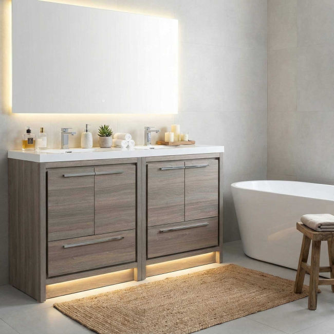Enna 60" Free Standing Bath Vanity with Double Sink, Maple Grey