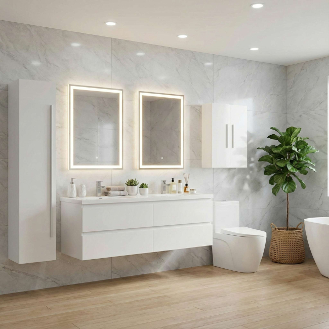 Angela 60 inch Contemporary Double Wall Mounted  Bathroom Vanity, TN-AG1500D-HGW, Glossy White