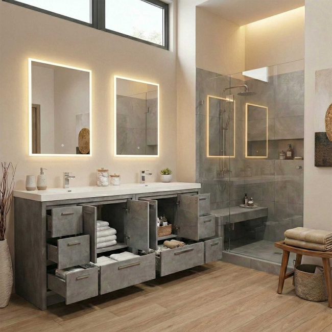 Enna 72" Free Standing Bath Vanity with Double Sink, Cement Grey