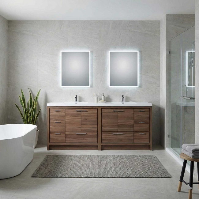84 inch Modern walnut wood bathroom vanity unit featuring dual sinks and drawers
