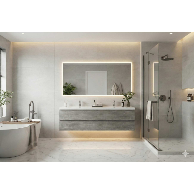 Angela 84" Contemporary Double Wall Mounted Bathroom Vanity in Cement Grey