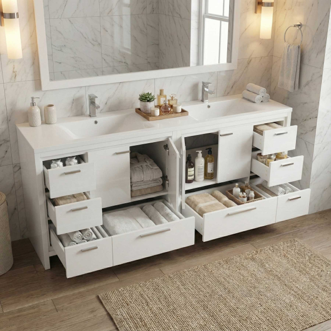 Enna 72 Free Standing Bath Vanity with Double Sink, Gloss White TN-LA1800-HGW