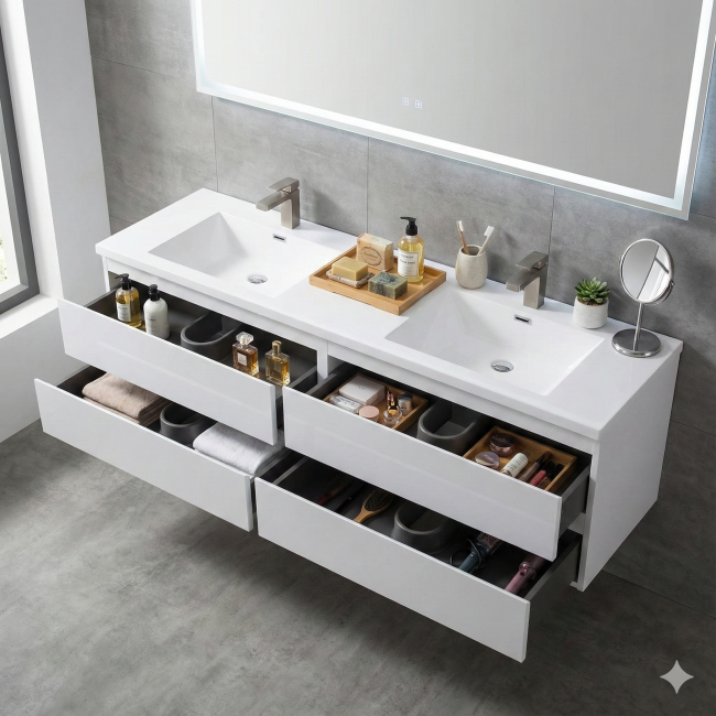 Angela 84" Contemporary Double Wall Mounted Bathroom Vanity, High Gloss White TN-AG2120-HGW