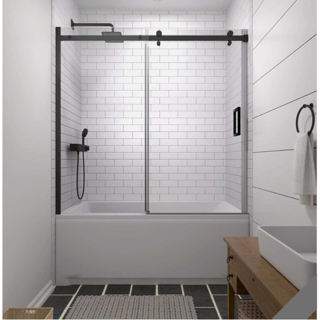 Signature Sliding Tub Door, W60"x H64", Matte Black, 3/8" thick Clear Glass