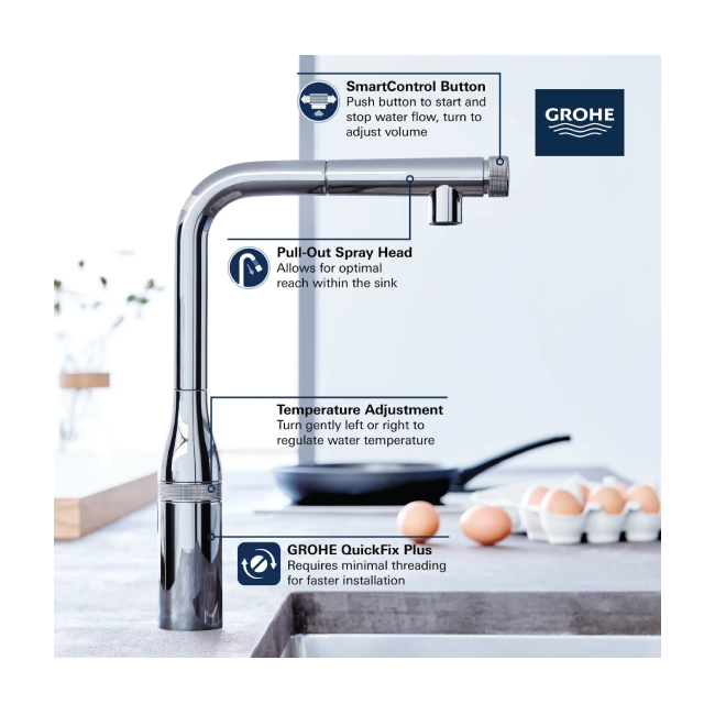 ESSENCE 31616000 Essence SmartControl Pull-Out Single Spray Kitchen Faucet 1.75 GPM (6.6 L/min) GROHE StarLight Chrome