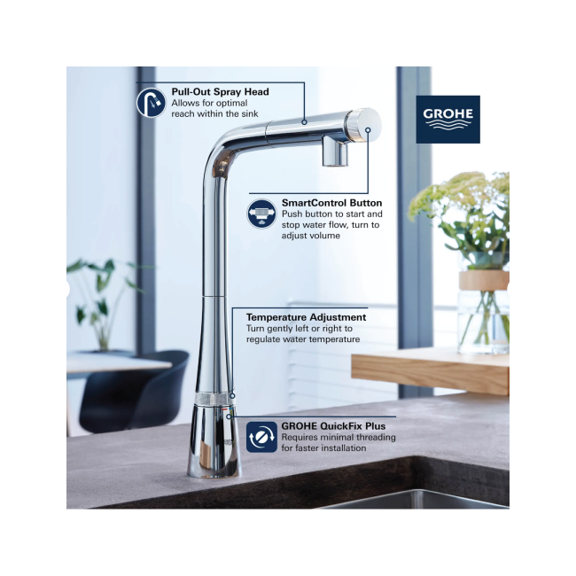 GROHE ZEDRA 31559002 GROHE Zedra SmartControl Pull-Out Single Spray Kitchen Faucet 1.75 GPM (6.6 L/min) GROHE StarLight Chrome