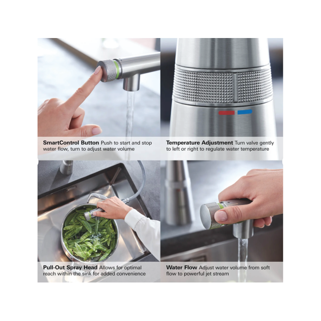 GROHE ZEDRA 31559DC2 GROHE Zedra SmartControl Pull-Out Single Spray Kitchen Faucet 1.75 GPM (6.6 L/min) GROHE SuperSteel InfinityFinish