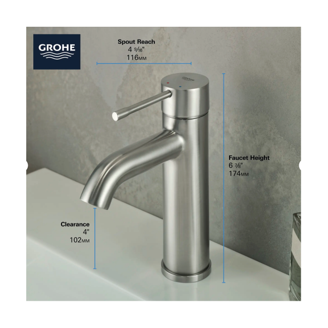 Grohe 23592A0A ESSENCE Single Hole Single-Handle S-Size Bathroom Faucet, 1.2 GPM (4.5 L/min) Hard Graphite