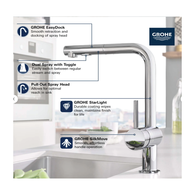 GROHE 30300DC0 MINTA SINGLE-HANDLE PULL-OUT KITCHEN FAUCET DUAL SPRAY 1.75 GPM(6.6LMIN) SuperSteel InfinityFinish