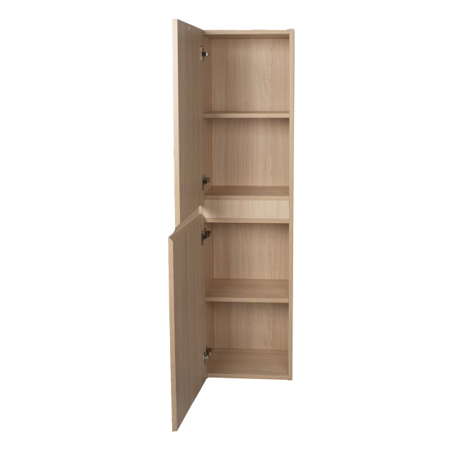 Contemporary White Oak bathroom storage cabinet with four compartments