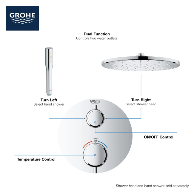 GROHE Grohtherm Dual Function 2-Handle Thermostatic Valve Trim, Brushed Cool SunriseGROHE Grohtherm Dual Function 2-Handle Thermostatic Valve Trim, Brushed Cool SunriseGROHE Grohtherm Dual Function 2-Handle Thermostatic Valve Trim, Brushed Cool Sunrise