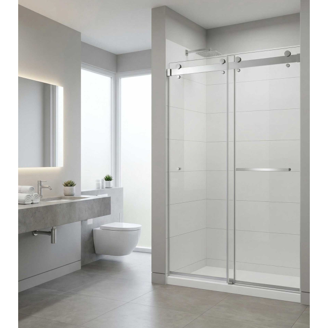 Premium Frameless Dual-Sliding Shower  W66" x H77", 3/8" Thick Clear Glass, Chrome