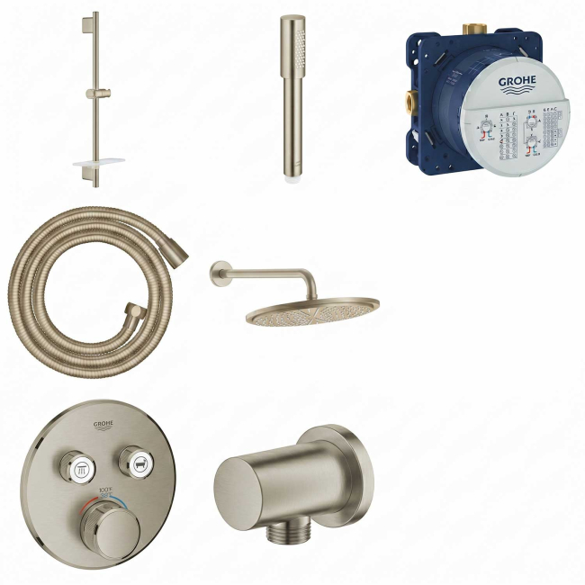 GROHE Grohtherm SmartControl Thermostatic 2 Way Shower System with   Shower Head, Hand Shower, Shower Arm, Wall Supply Elbow, Valve Trim, and Rough in Brushed Nickel