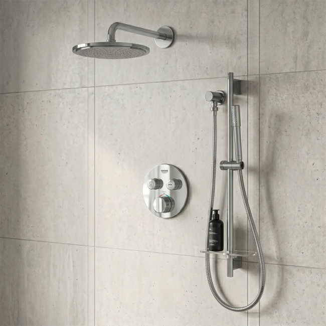 GROHE Grohtherm SmartControl Thermostatic 2 Way Shower System with   Shower Head, Hand Shower, Shower Arm, Wall Supply Elbow, Valve Trim, and Rough in Starlight Chrome