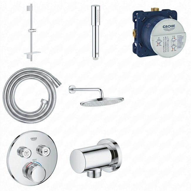 GROHE Grohtherm SmartControl Thermostatic 2 Way Shower System with   Shower Head, Hand Shower, Shower Arm, Wall Supply Elbow, Valve Trim, and Rough in Starlight Chrome