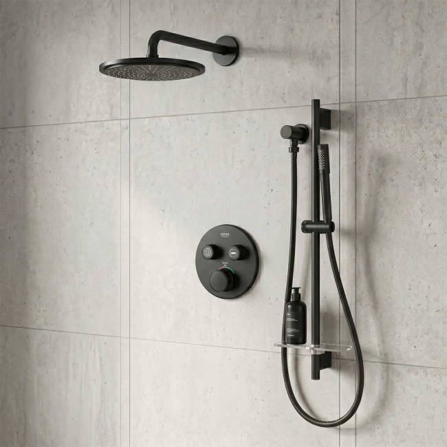 GROHE Grohtherm SmartControl Thermostatic 2 Way Shower System with   Shower Head, Hand Shower, Shower Arm, Wall Supply Elbow, Valve Trim, and Rough in Matte Black, 291372430