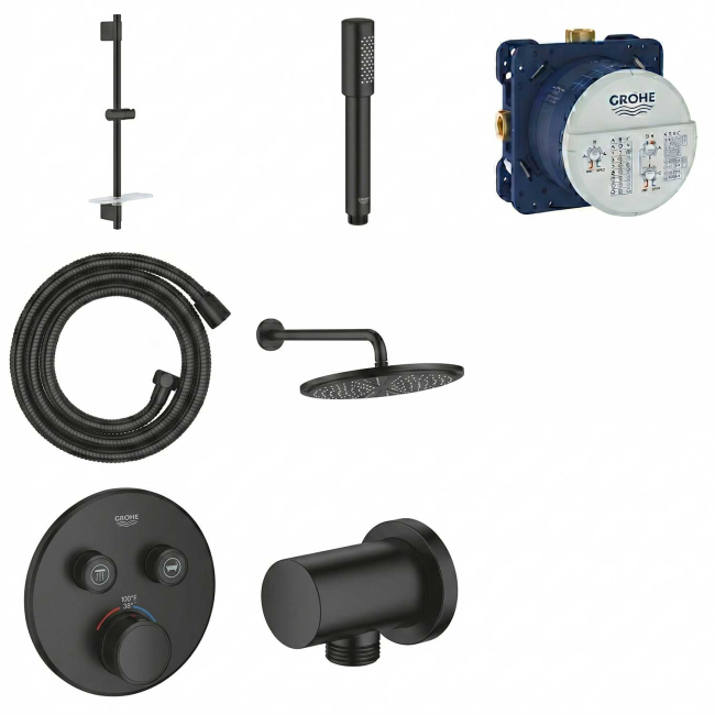 GROHE Grohtherm SmartControl Thermostatic 2 Way Shower System with   Shower Head, Hand Shower, Shower Arm, Wall Supply Elbow, Valve Trim, and Rough in Matte Black, 291372430