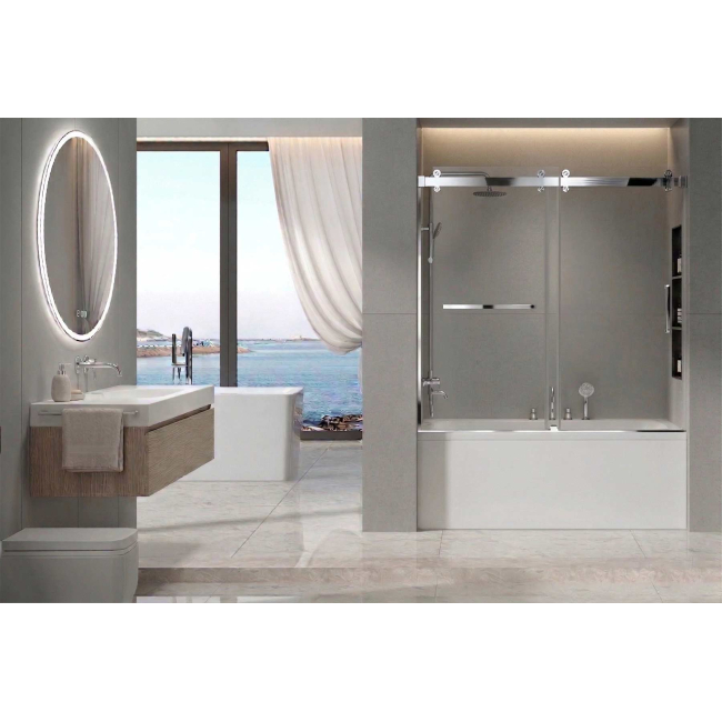 Sapphire Frameless Bathtub Bypass Door, W60" x H66", 3/8" thick Ultra Clear Low Iron Glass, Chrome