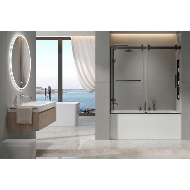 Sapphire Sliding Shower Door, W60" x H66", 3/8" thick Ultra Clear Low Iron Glass, Matte Black