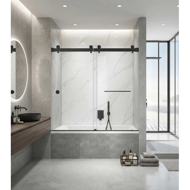 Sorene Frameless Double Sliding Bathtub Door, W60" x H66", Black, 3/8" Ultra Clear Low Iron Glass,Soft Closing
