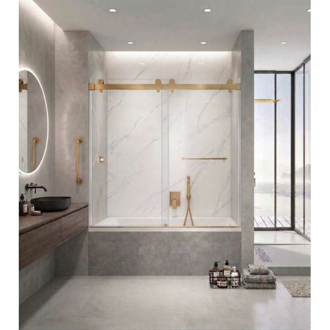 Sorene Frameless Double Sliding Bathtub Door, W60" x H66", Satin Gold, 3/8" Ultra Clear Low Iron Glass,Soft Closing