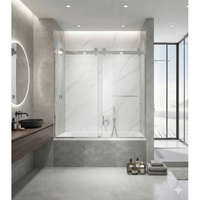Sorene Frameless Double Sliding Bathtub Door, W60" x H66", Chrome, 3/8" Ultra Clear Low Iron Glass,Soft Closing