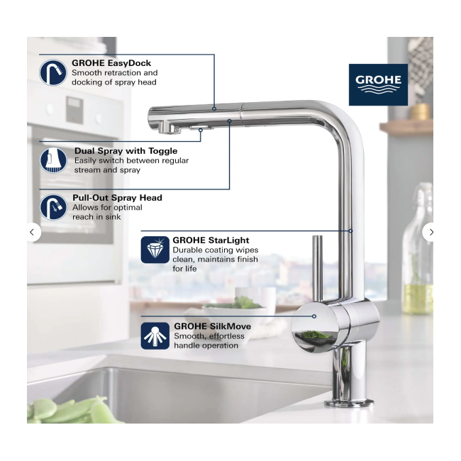 GROHE 30300GN0 MINTA SINGLE-HANDLE PULL-OUT KITCHEN FAUCET DUAL SPRAY 1.75 GPM(6.6LMIN) Brushed Cool Sunrise