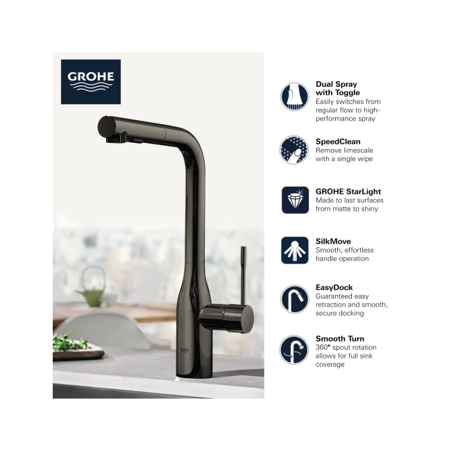GROHE 302712430 Essence Single-Handle Pull-Out Kitchen Faucet Dual Spray 1.75 GPM (6.6 L/min) Matte Black