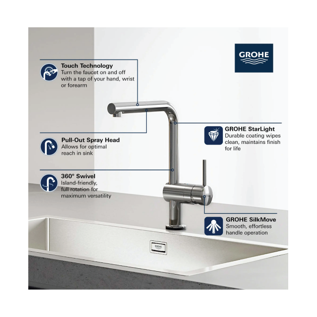 GROHE 30218DC1 Minta Single-Handle Pull-Out Kitchen Faucet Single Spray 1.75 GPM (6.6 L/min) with Touch Technology SuperSteel InfinityFinish