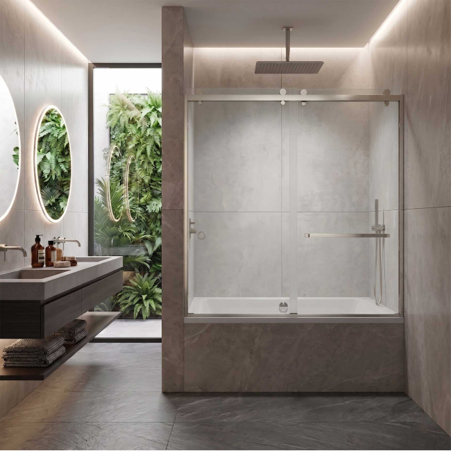 Scala Semi-Frameless Double Sliding Bathtub Door, W60" x H64", Ultra Clear Low Iron Glass, Brushed Nickel