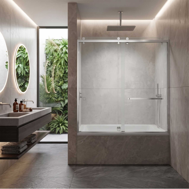 Scalar Semi-Frameless Double Sliding Shower Door, W60" x H76", Ultra Clear Low Iron Glass, Chrome