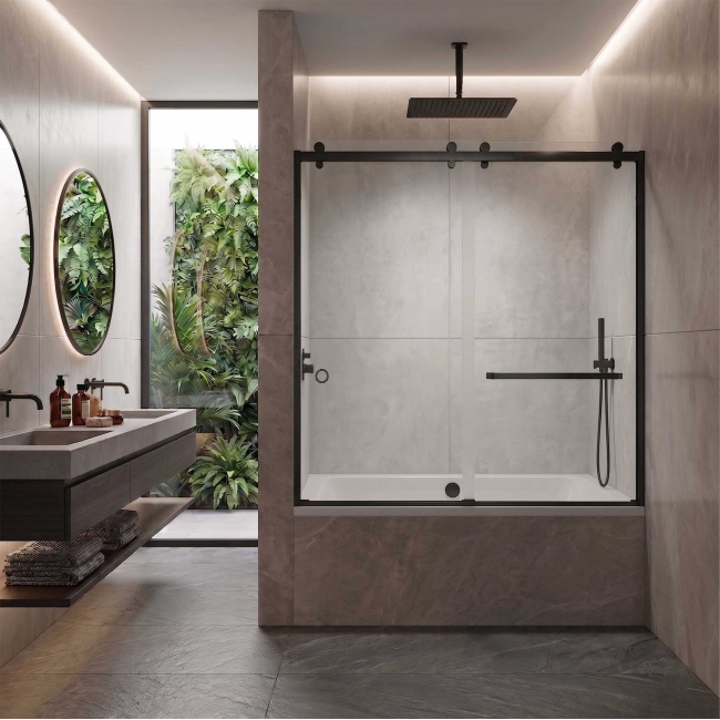 Scala Semi-Frameless Double Sliding Bathtub Door, W60" x H64", Ultra Clear Low Iron Glass, Matte Black