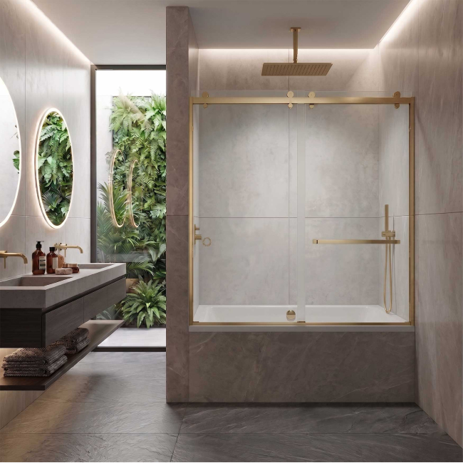 Scala Semi-Frameless Double Sliding Bathtub Door, W60" x H64", Ultra Clear Low Iron Glass, Satin Gold