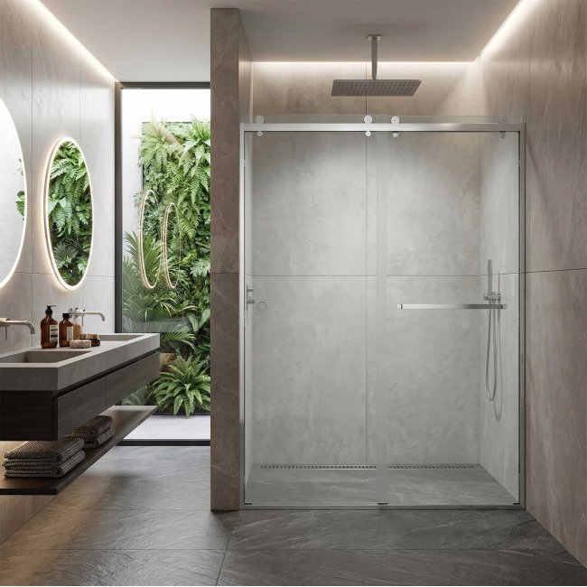 Scalar Semi-Frameless Double Sliding Shower Door, W60" x H76", Ultra Clear Low Iron Glass, Chrome