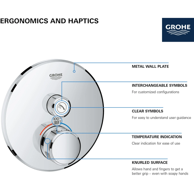 Grohe - 29136000 Grohtherm Single Function Thermostatic Valve Trim Only with Double Knob Handles and Volume Control - Less Rough In