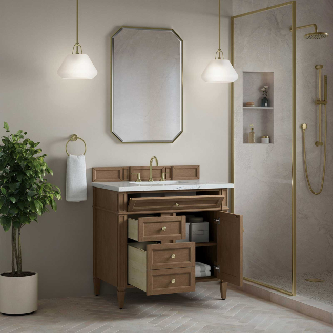 James Martin Brittany 36" Single Vanity, Pecan with 3 CM Ethereal Noctis Silestone Top