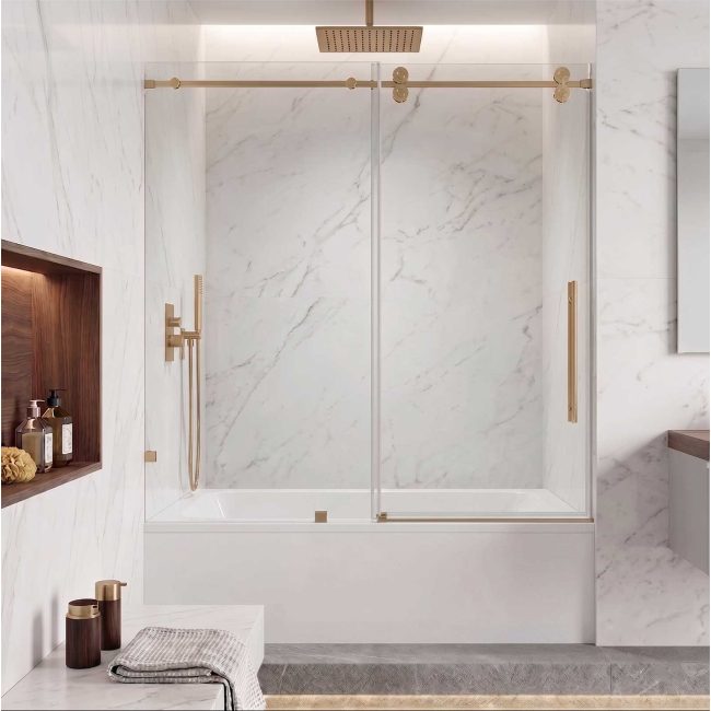 Segovia Frameless Single Sliding Tub Door W60" x H78",Ultra Clear 3/8" Glass, Brushed Gold Hardware